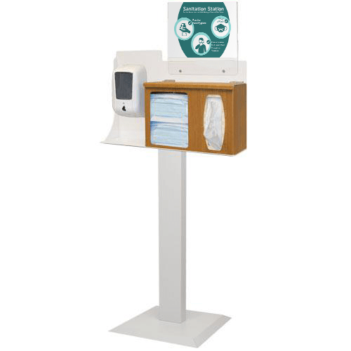 Maple Fauxwood Sanitation Station with Dispenser Mount and Stand for Organizing PPE and Sanitizer
