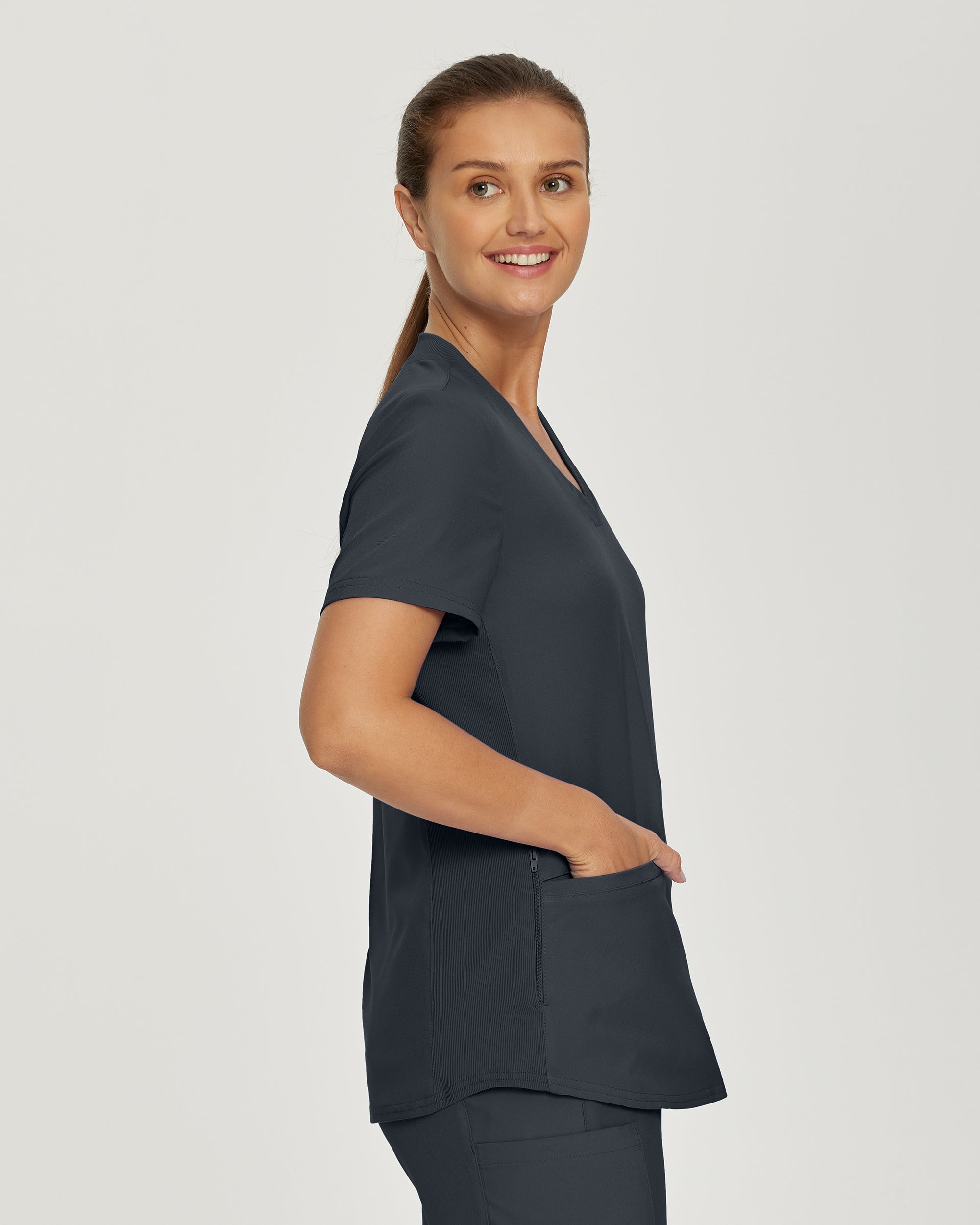 Stylish Women's 3-Pocket V-Neck Landau Forward Scrub Top with Soft Rib-Knit
