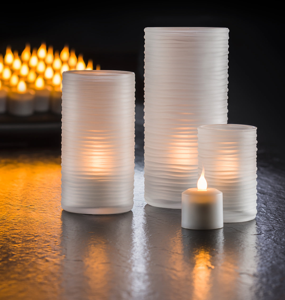 Exquisite Hollowick Satin Crystal Spun Glass Candle Holders in Typhoon Cylinder Design